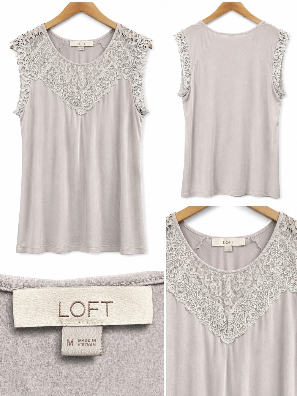 LOFT Pale Gray Lace Yoke Sleeveless Camisole